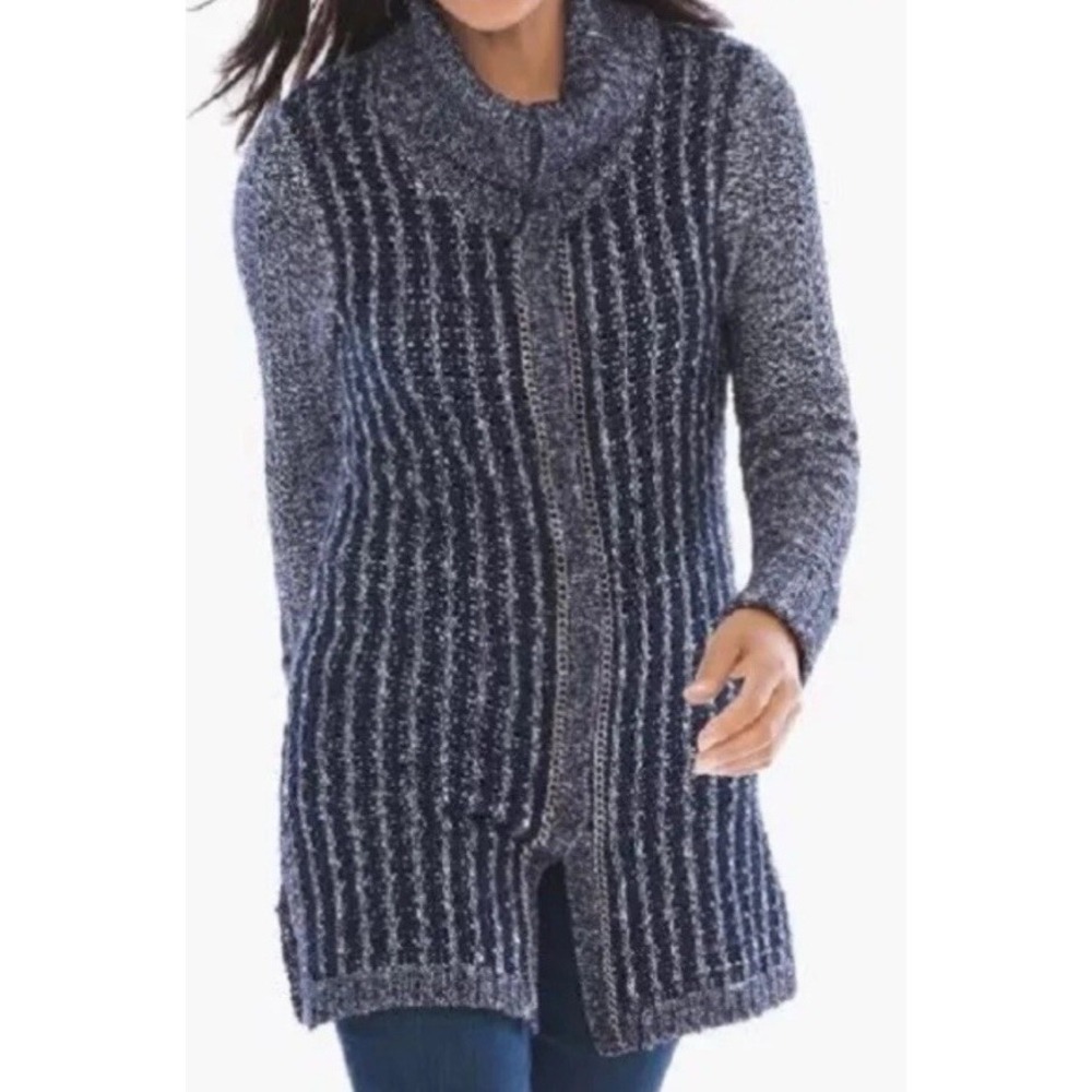 Chicos Textured Tina Cardigan Sweater L  Long Cozy Navy Marled Snap Front